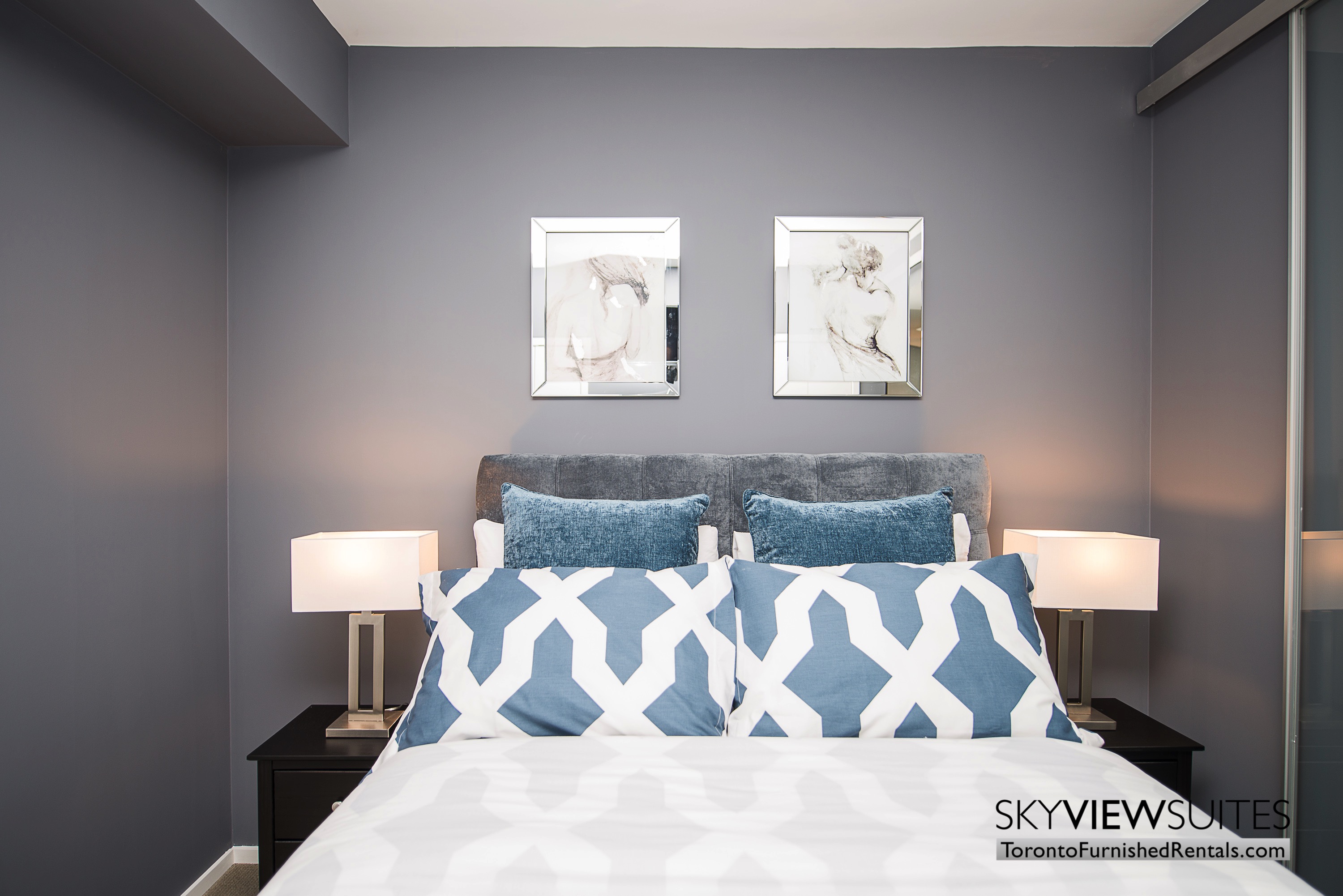 blue pillow bedroom corporate rentals Yorkville toronto
