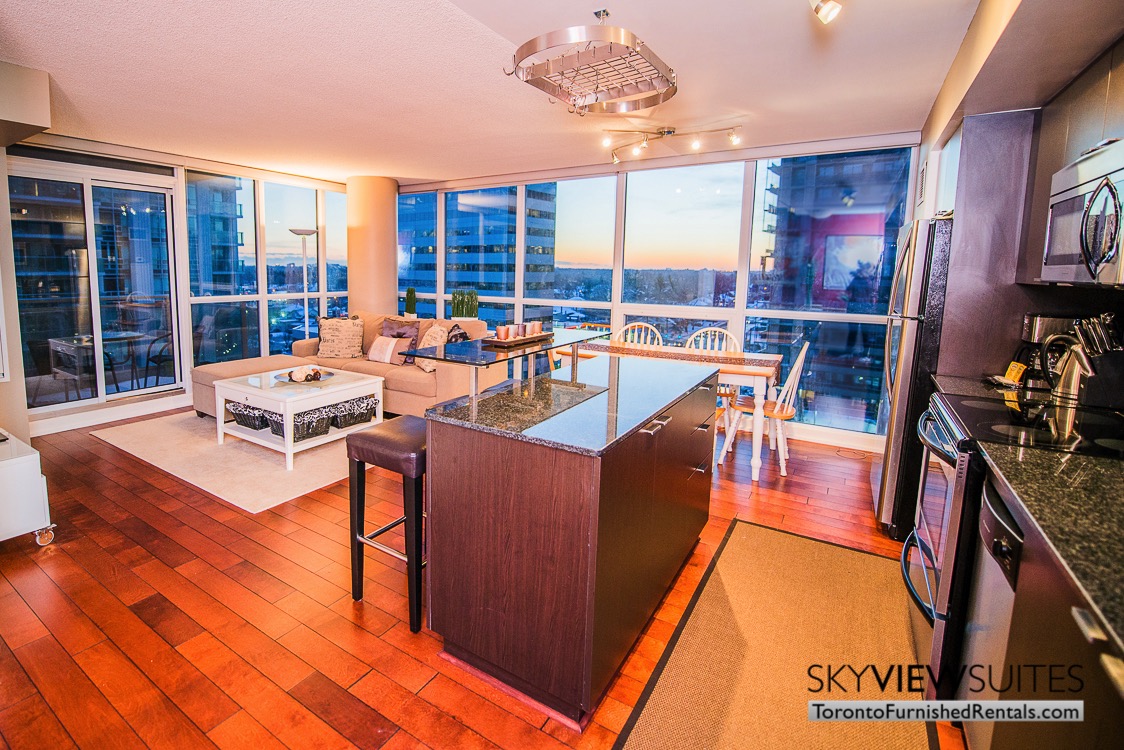 Yonge and Sheppard serviced apartments toronto kitchen and living room