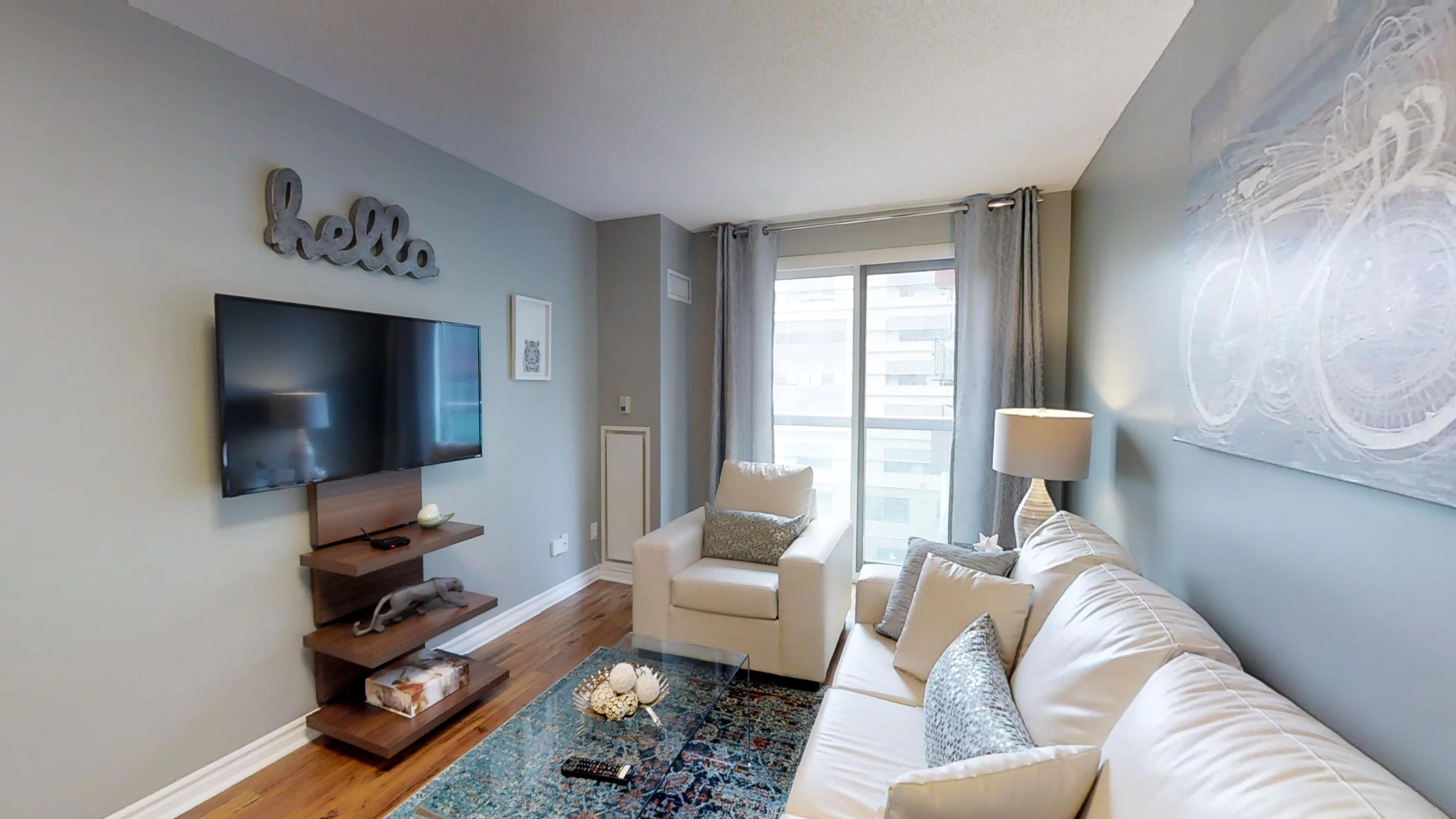 living room in a downtown Toronto furnished suite near the Four Seasons Centre
