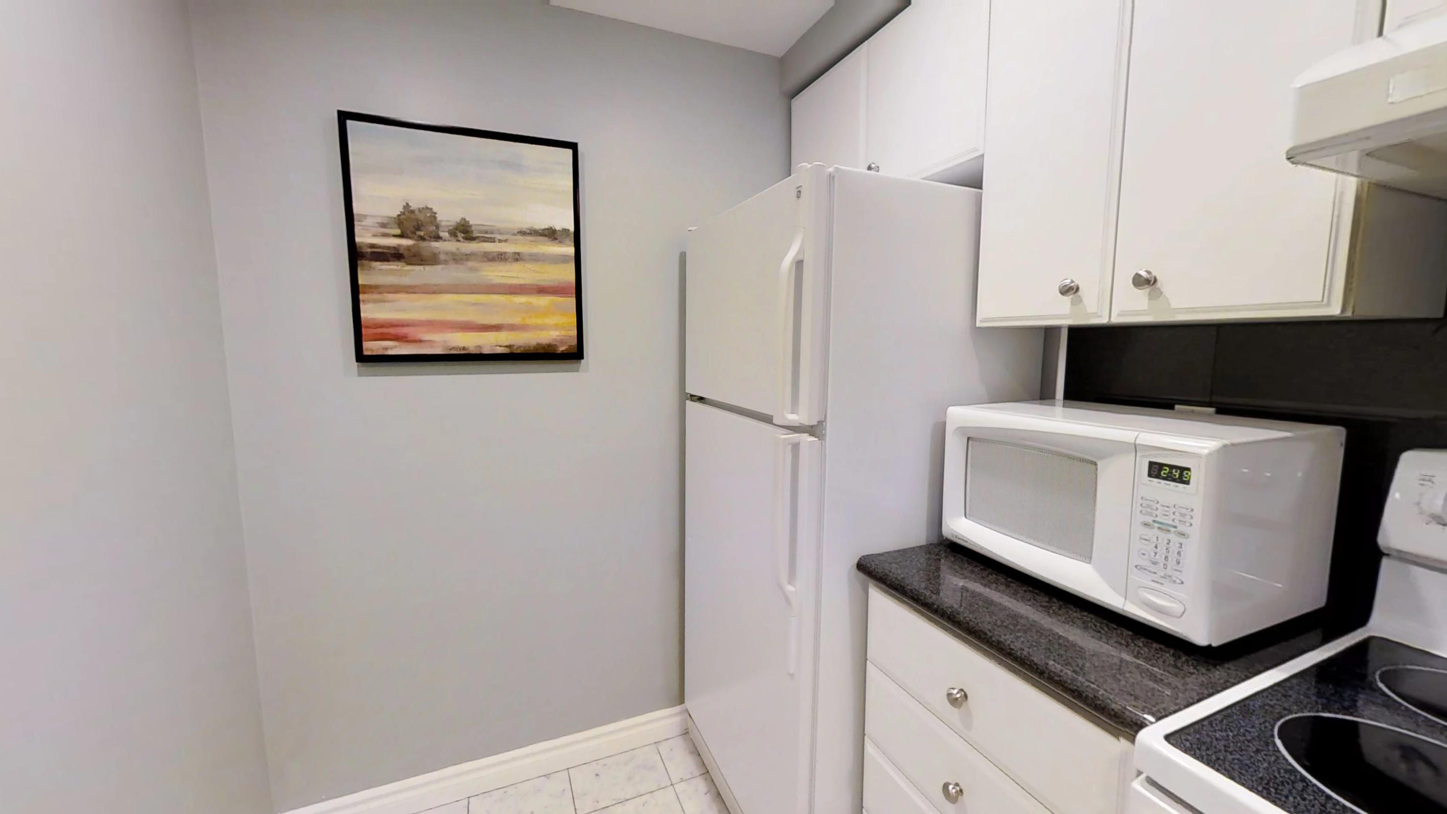 the wall art and a microwave in the kitchen of a fully furnished apartment in downtown Toronto, close 168 Simcoe Street